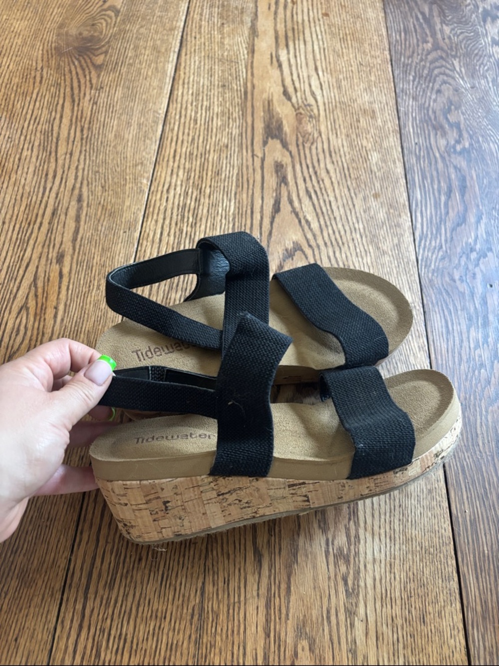 Tidewater Black Cork Platform Sandals with Elastic Straps - Comfortable Wedge